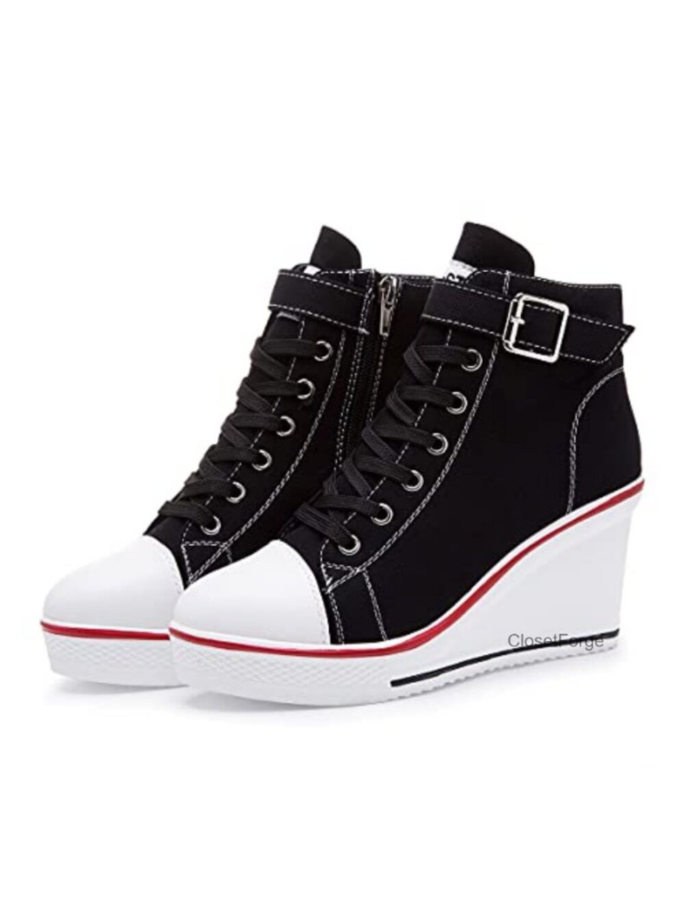 Women's Wedge Heel Canvas Sneakers Lace Up Side Zipper Casual Comfortable